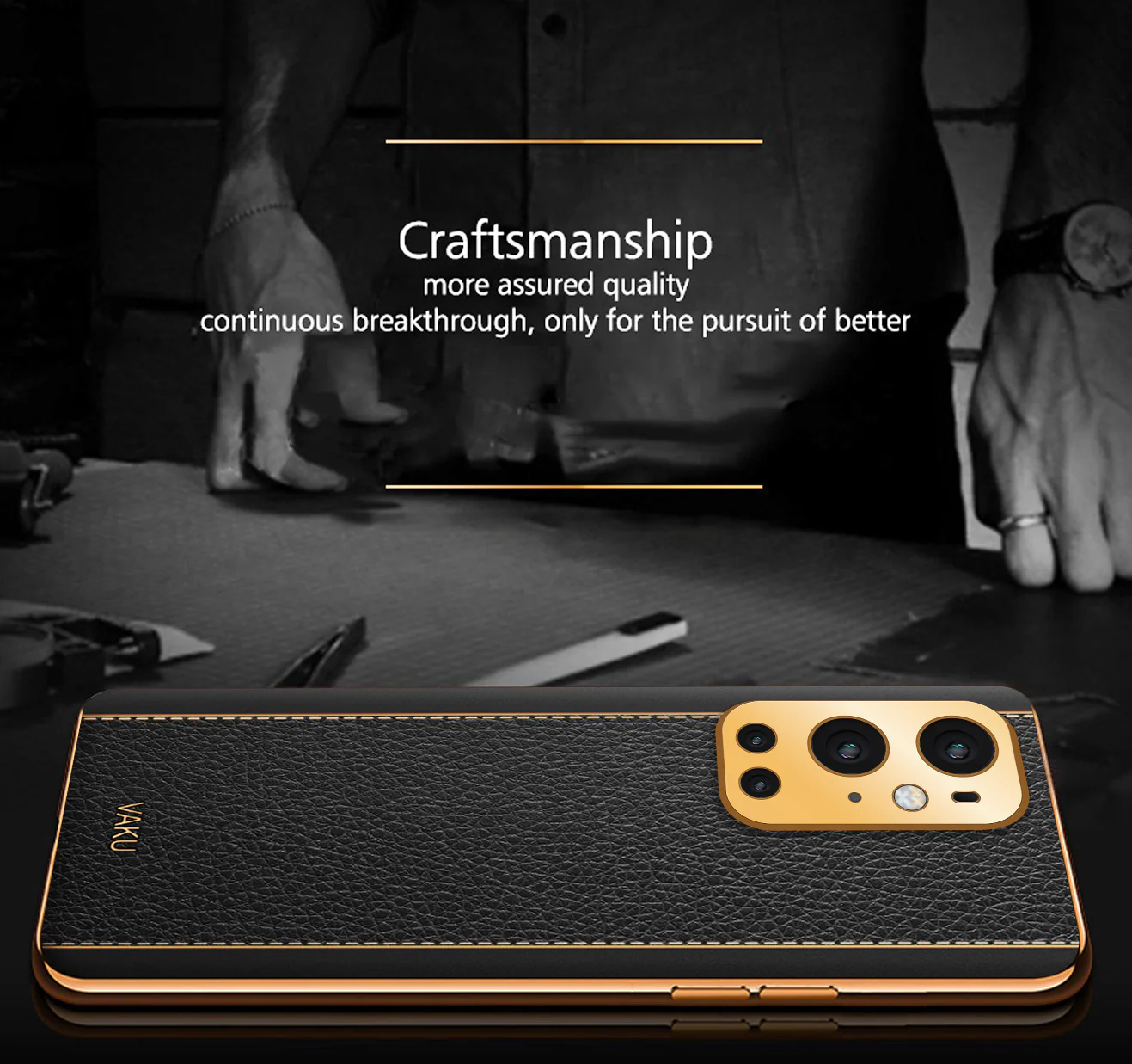 VakuĀ® OnePlus 9 Pro Luxemberg Series Leather Stitched Gold Electroplated Soft TPU Back Cover - Image 5