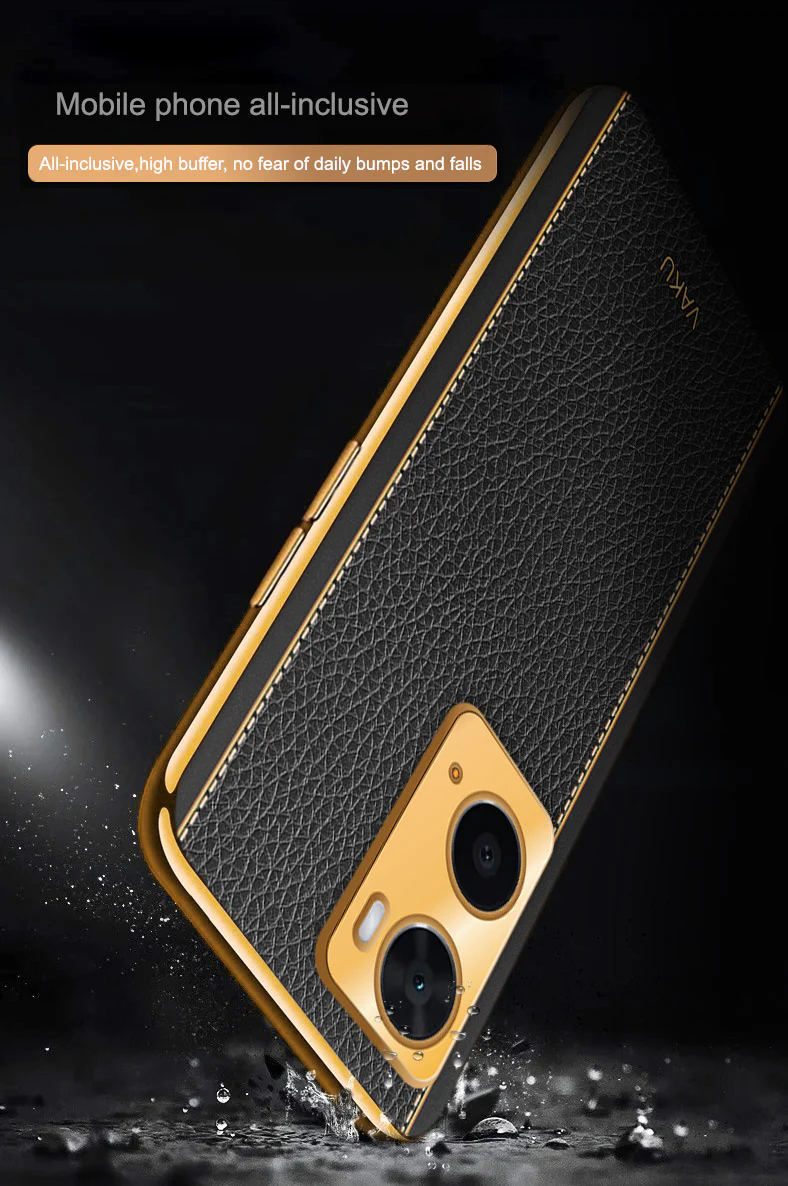 VakuĀ® Oppo A76 Luxemberg Series Leather Stitched Gold Electroplated Soft TPU Back Cover - Image 10