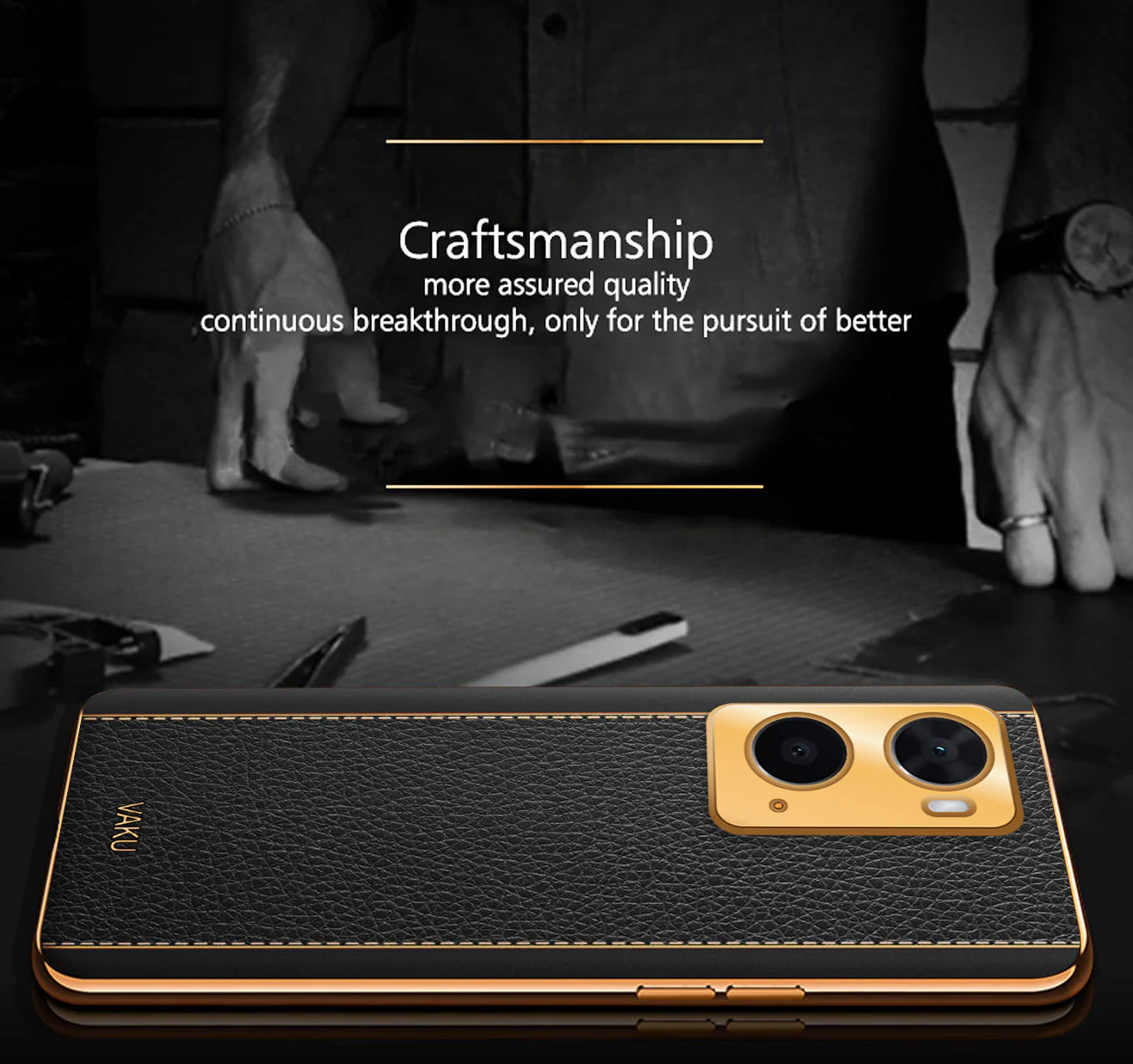 VakuĀ® Oppo A76 Luxemberg Series Leather Stitched Gold Electroplated Soft TPU Back Cover - Image 3