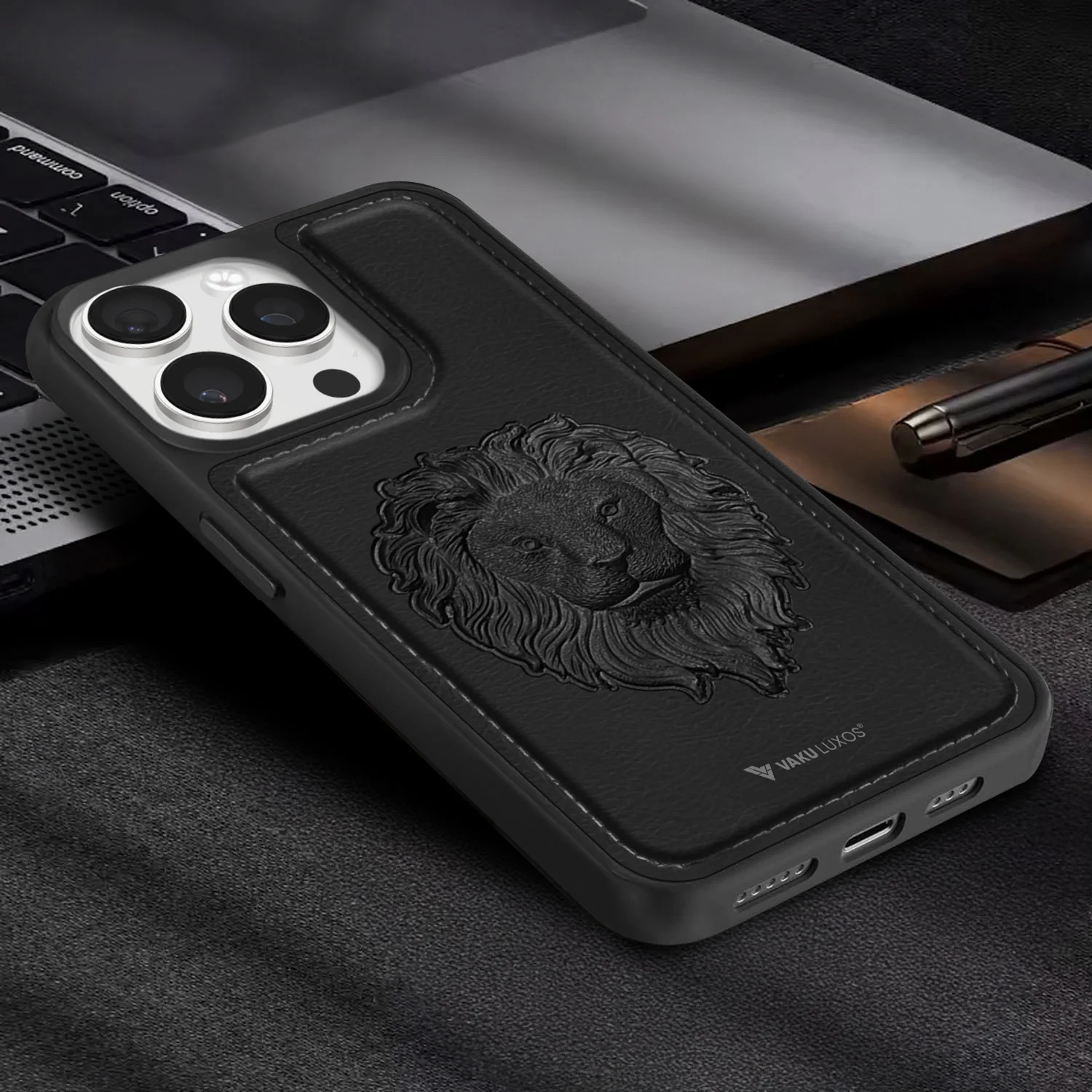Vaku ® Apple iPhone 15 Pro Lion Embossed Luxury Designer Leather Back Cover - Image 12