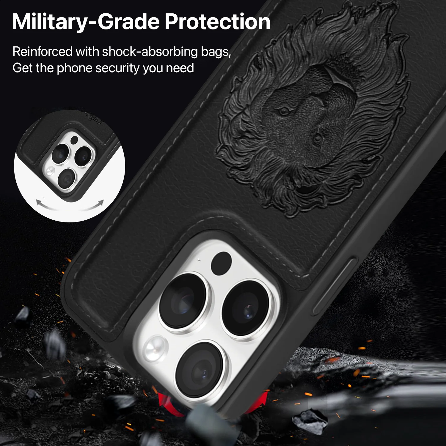 Vaku ® Apple iPhone 15 Pro Lion Embossed Luxury Designer Leather Back Cover - Image 3
