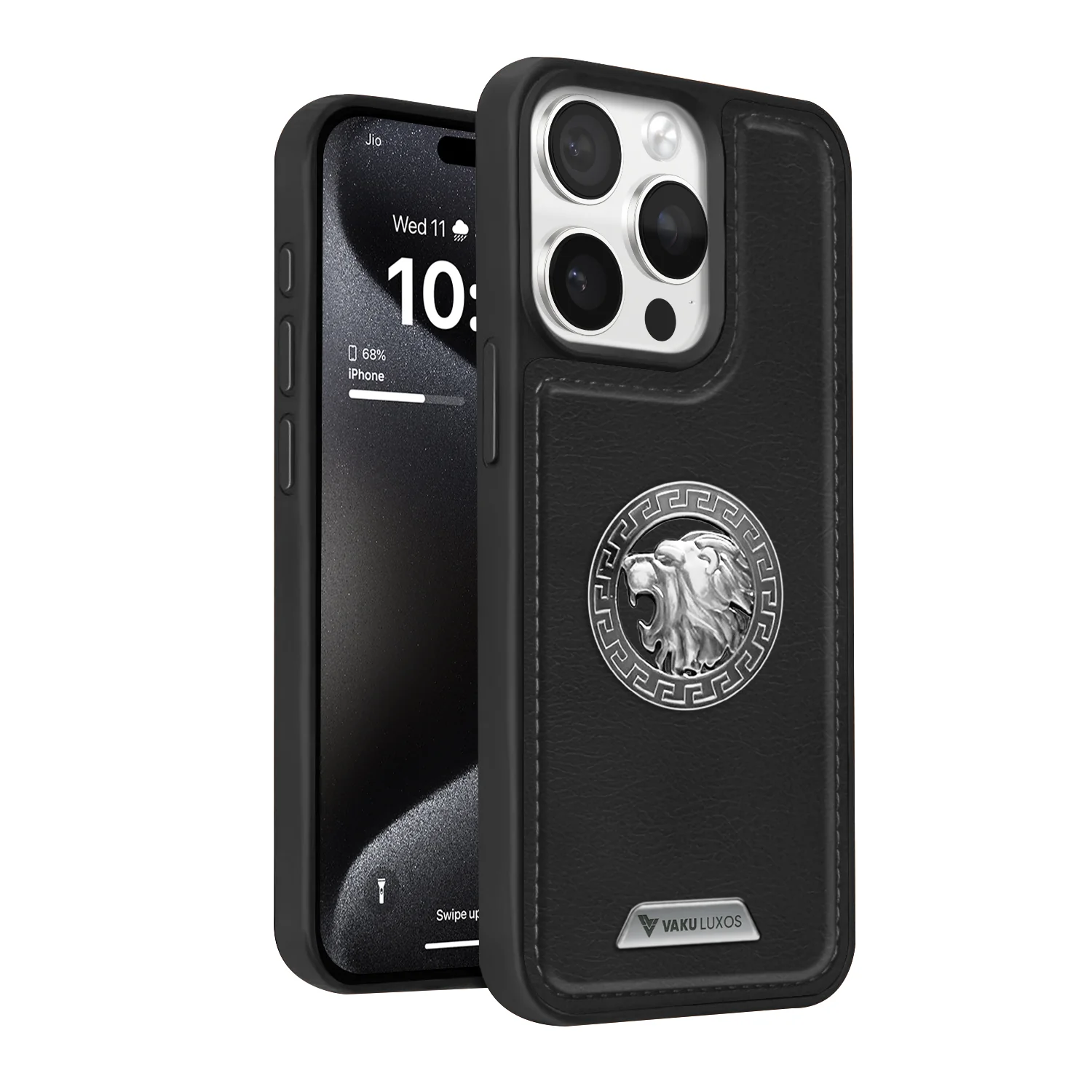 Vaku ® Apple iPhone 15 Pro Regal Shield Metal Lion Engraved Leather Back Cover - Image 2