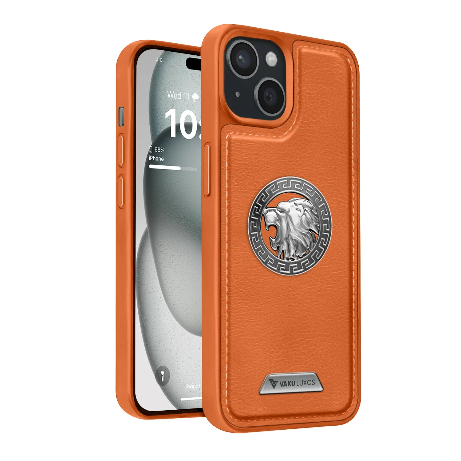 Vaku ® Apple iPhone 15 Regal Shield Metal Lion Engraved Leather Back Cover