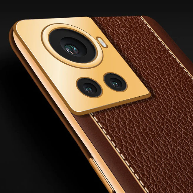 VakuĀ® OnePlus 10R Luxemberg Series Leather Stitched Gold Electroplated Soft TPU Back Cover - Image 2