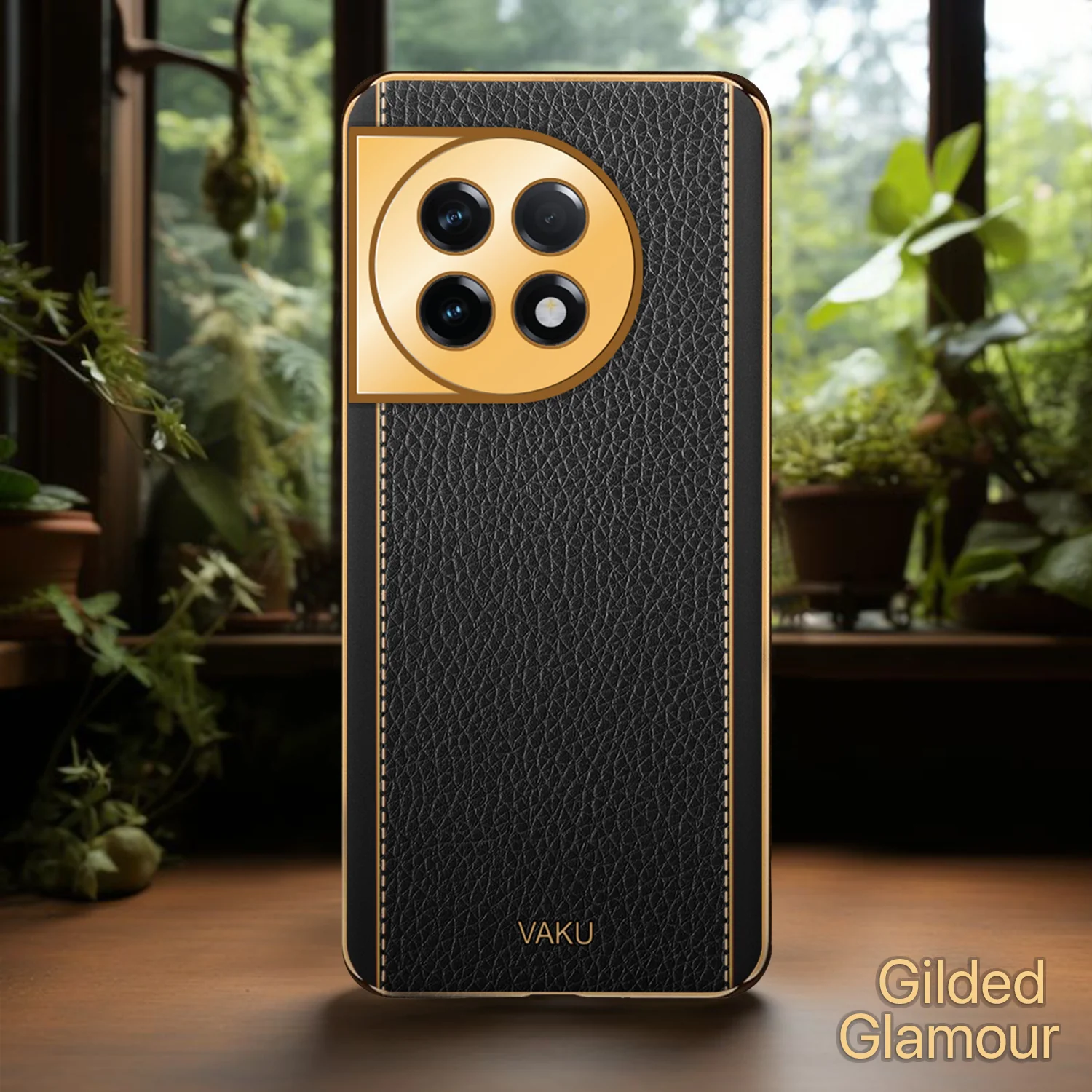VakuĀ® OnePlus 11R Luxemberg Series Leather Stitched Gold Electroplated Soft TPU Back Cover - Image 13