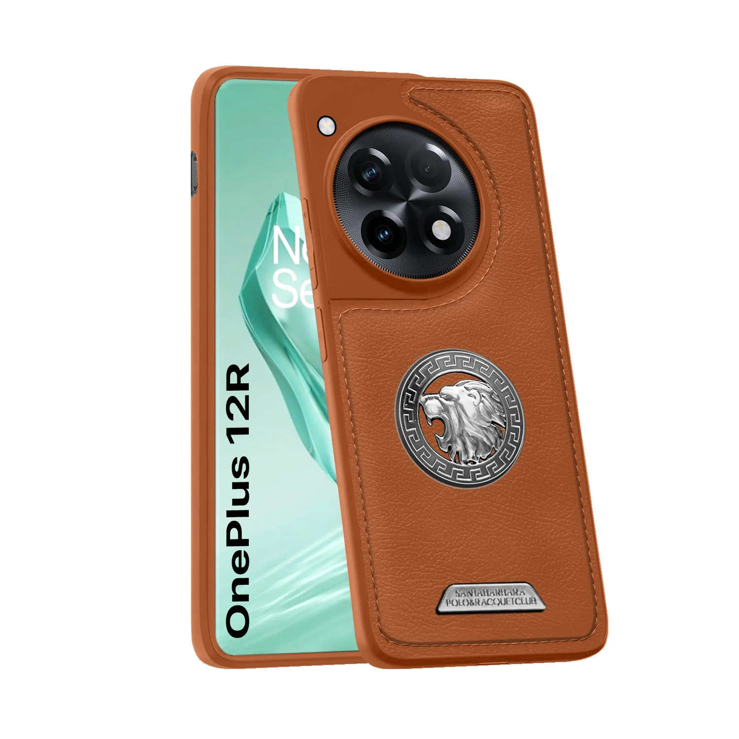 Vaku ® OnePlus 12R Regal Shield Metal Lion Engraved Leather Back Cover