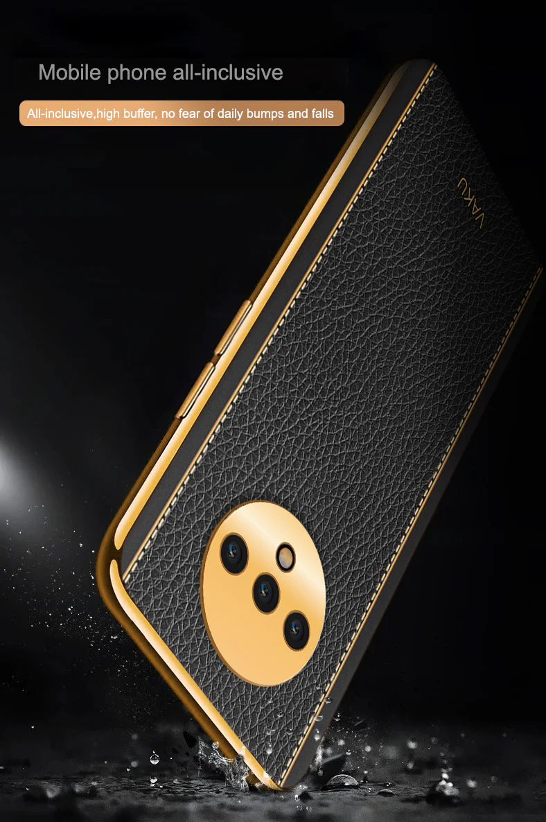 VakuĀ® Oneplus 7T Luxemberg Leather Stitched Gold Electroplated Soft TPU Back Cover - Image 15