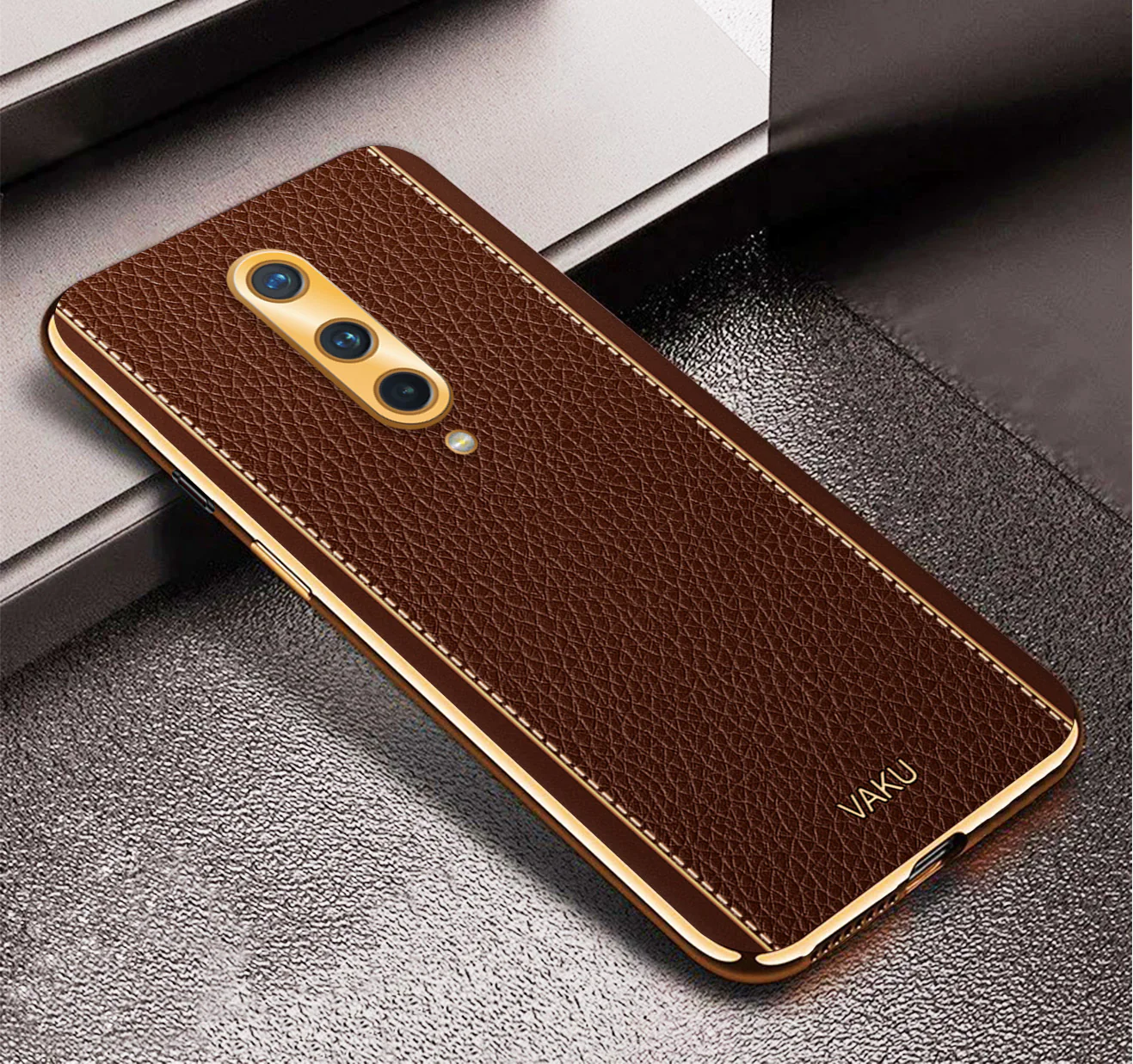 VakuĀ® OnePlus 8 Luxemberg Series Leather Stitched Gold Electroplated Soft TPU Back Cover - Image 8