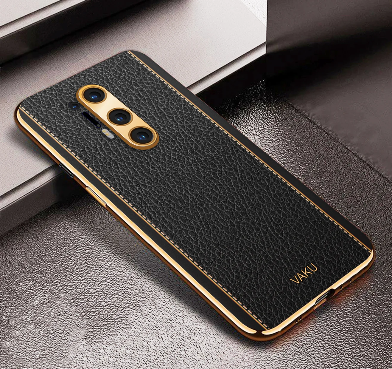 VakuĀ® OnePlus 8 Pro Luxemberg Series Leather Stitched Gold Electroplated Soft TPU Back Cover - Image 6