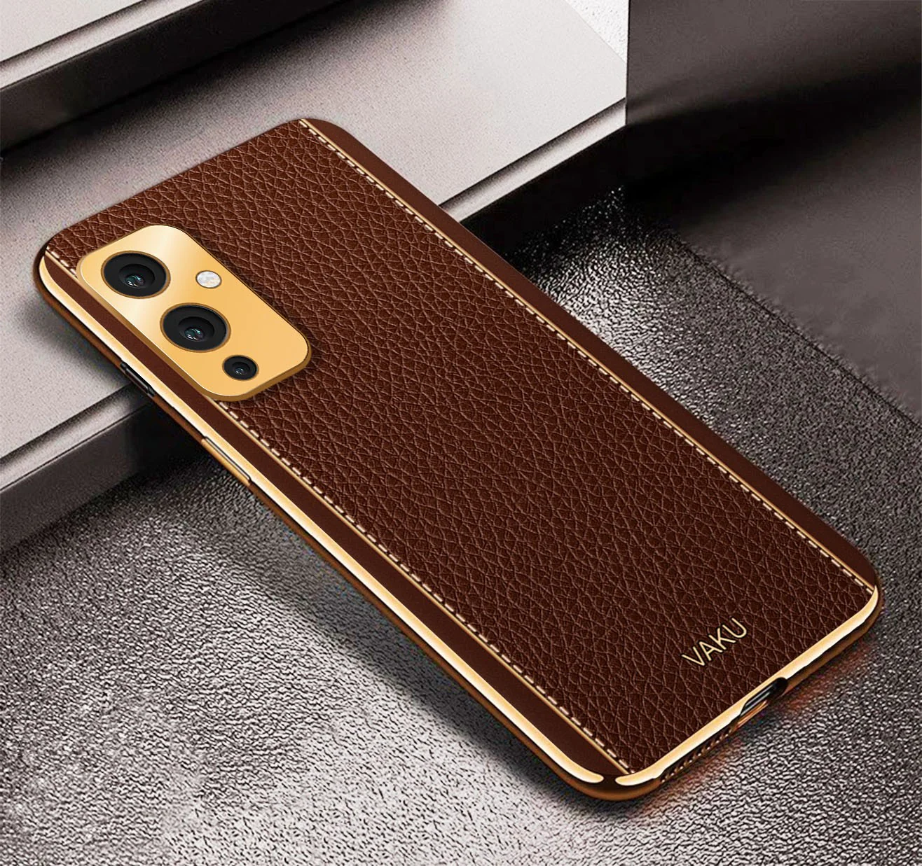 Vaku® OnePlus 9 Luxemberg Series Leather Stitched Gold Electroplated Soft TPU Back Cover - Image 13