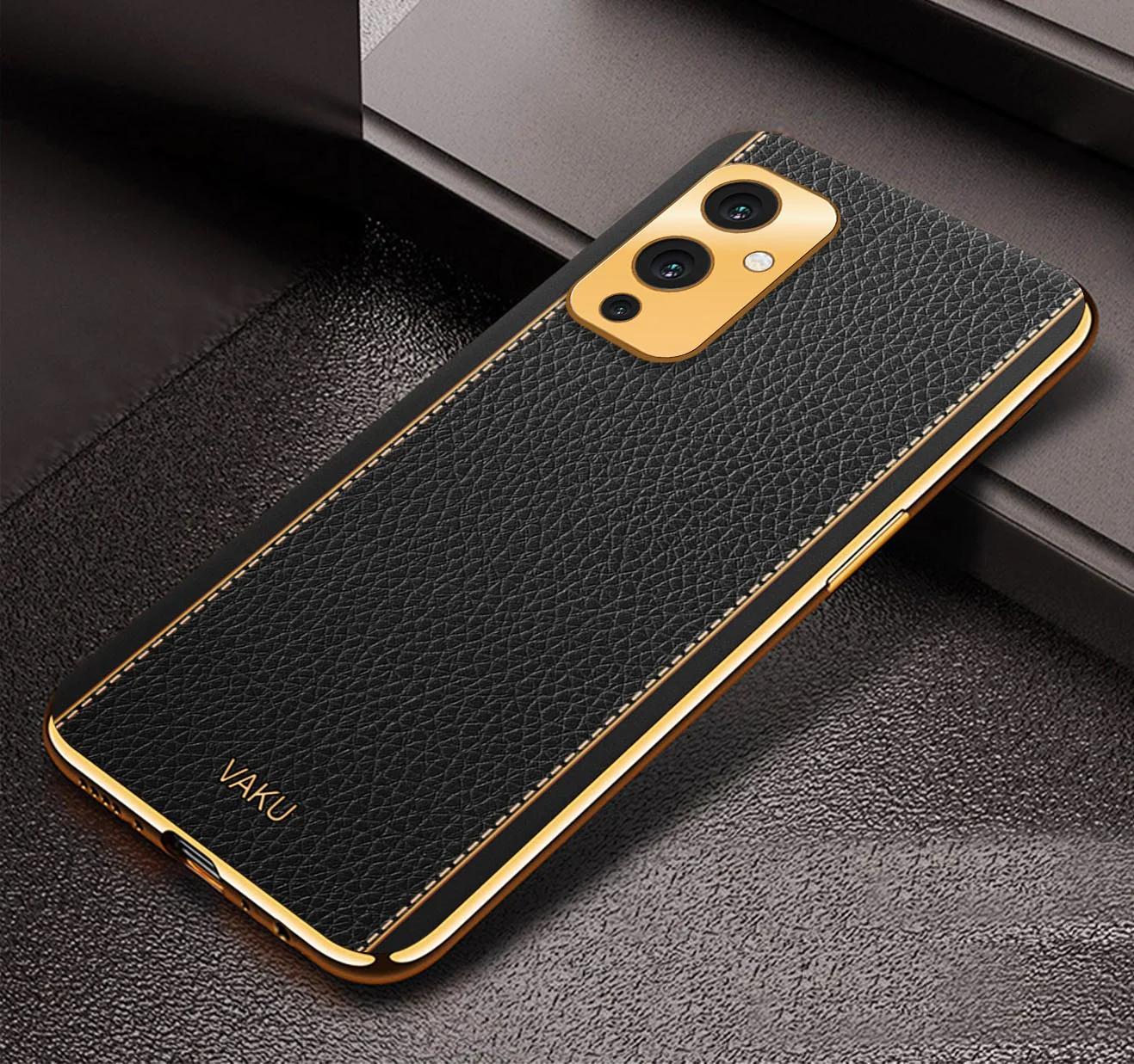 Vaku® OnePlus 9 Luxemberg Series Leather Stitched Gold Electroplated Soft TPU Back Cover - Image 3