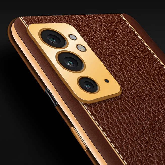 VakuĀ® OnePlus 9RT Luxemberg Series Leather Stitched Gold Electroplated Soft TPU Back Cover - Image 4