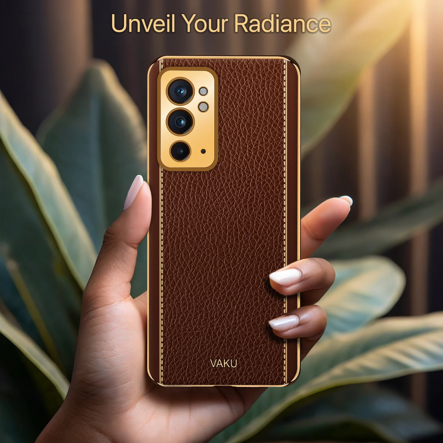 VakuĀ® OnePlus 9RT Luxemberg Series Leather Stitched Gold Electroplated Soft TPU Back Cover - Image 7