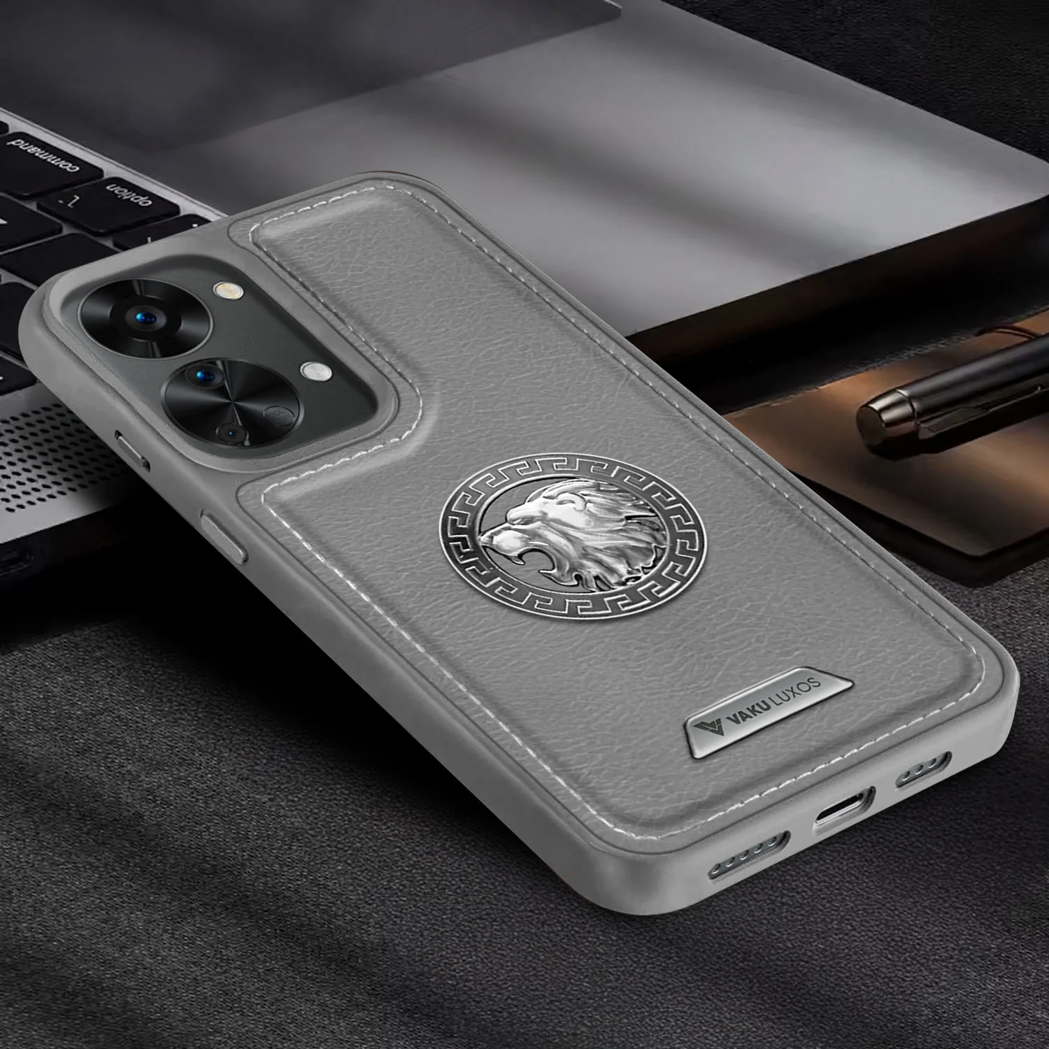 Vaku ® Oneplus Nord 2T Regal Shield Metal Lion Engraved Leather Back Cover - Image 11