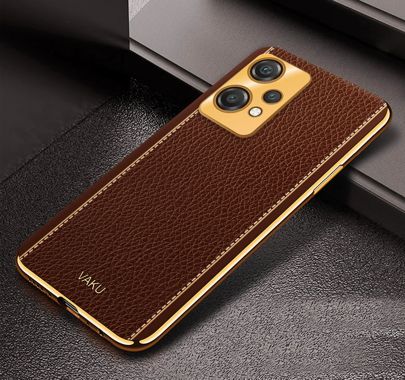 VakuĀ® Oneplus Nord CE 2 Lite 5G Luxemberg Series Leather Stitched Gold Electroplated Soft TPU Back Cover