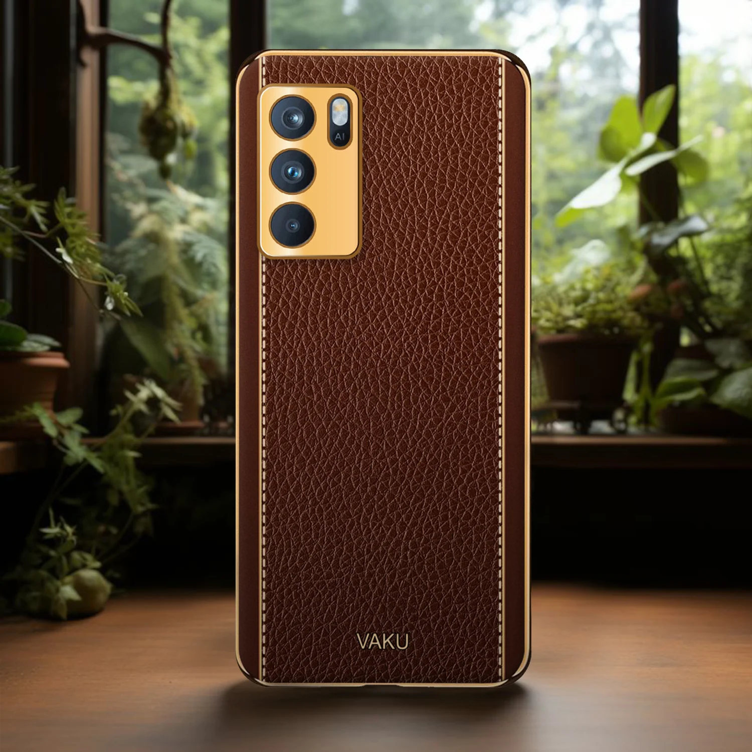 VakuĀ® Oppo A16 Luxemberg Series Leather Stitched Gold Electroplated Soft TPU Back Cover - Image 14