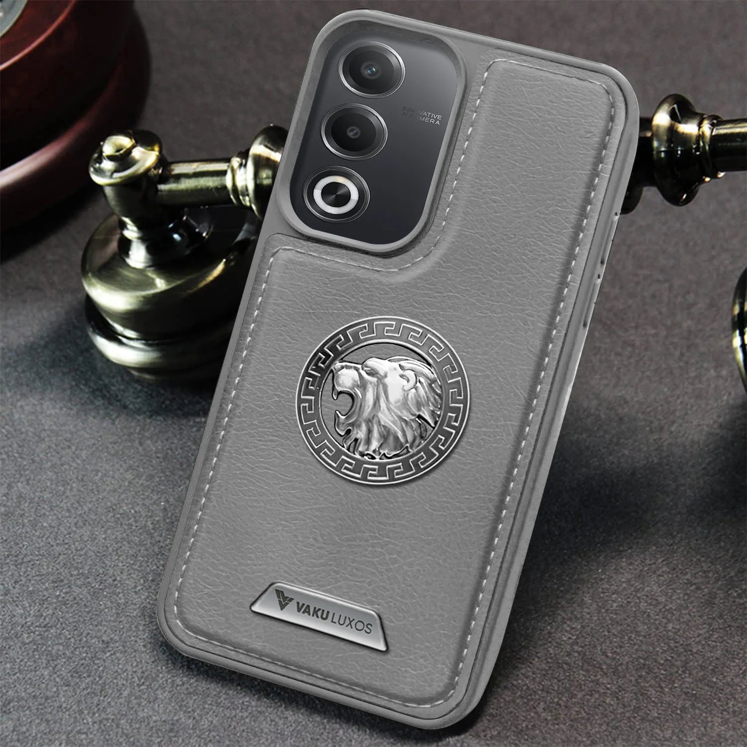 Vaku ® Oppo A3 Pro 5G Regal Shield Metal Lion Engraved Leather Back Cover - Image 6