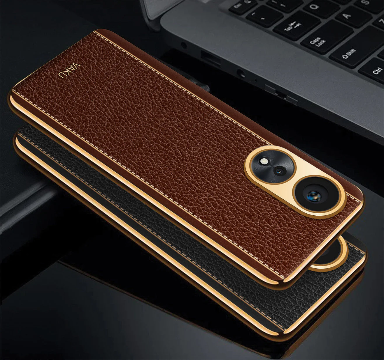 Vaku® Oppo A58 4G Luxemberg Leather Pattern Gold Electroplated Soft TPU Back Cover - Image 4
