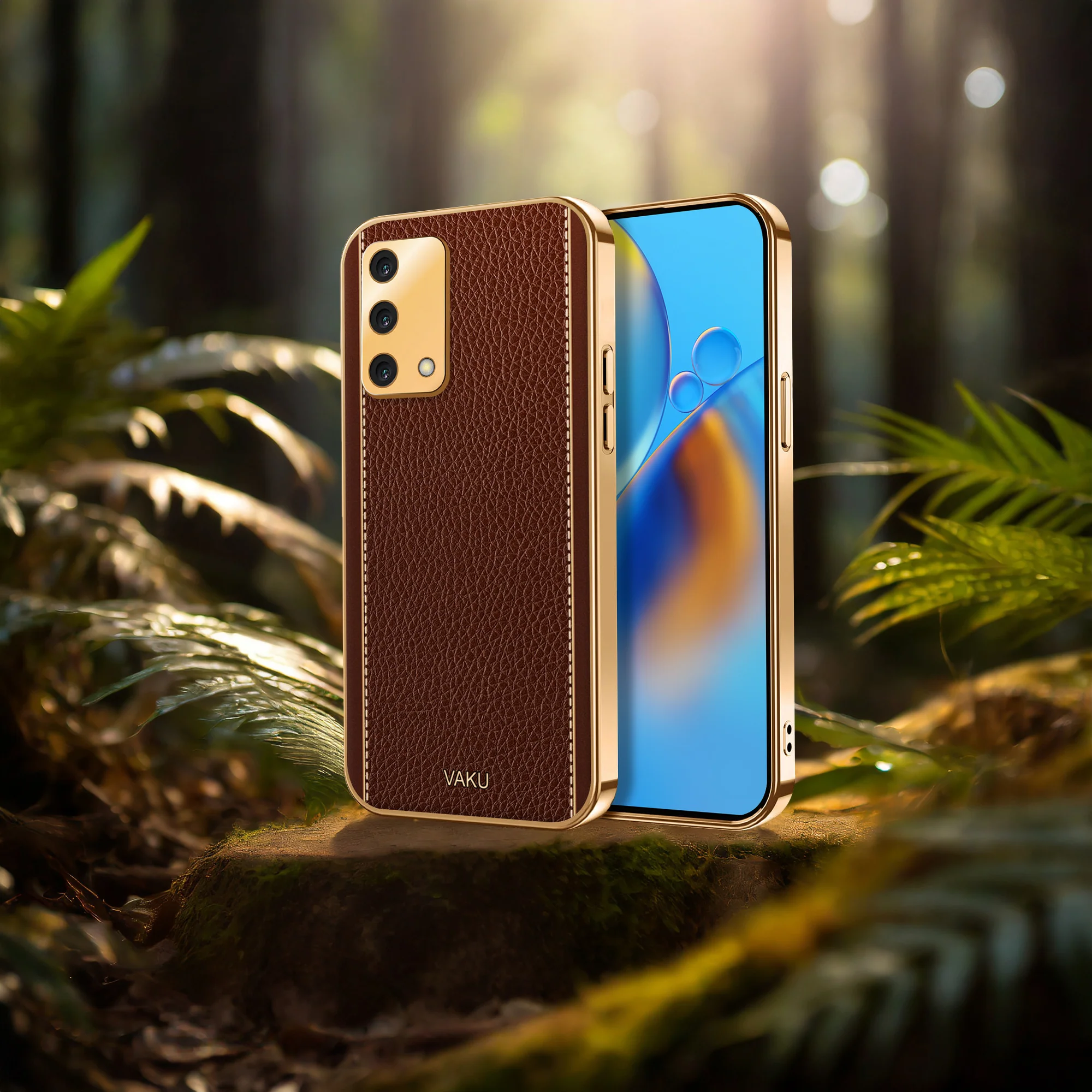 VakuĀ® Oppo A74 4G Luxemberg Leather Stitched Gold Electroplated Soft TPU Back Cover - Image 10
