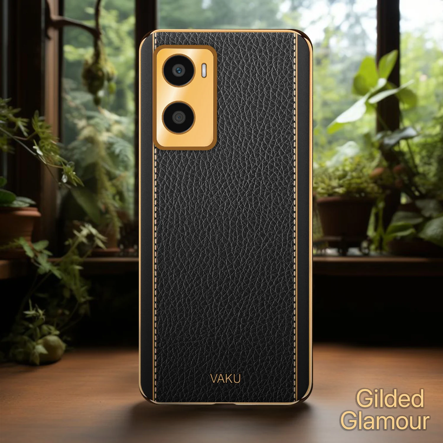 VakuĀ® Oppo A96 Luxemberg Series Leather Stitched Gold Electroplated Soft TPU Back Cover - Image 14