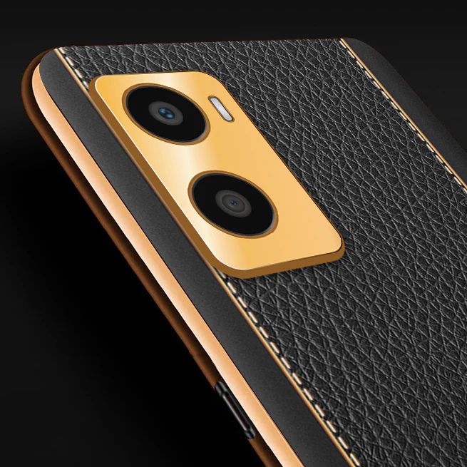 VakuĀ® Oppo A96 Luxemberg Series Leather Stitched Gold Electroplated Soft TPU Back Cover - Image 2