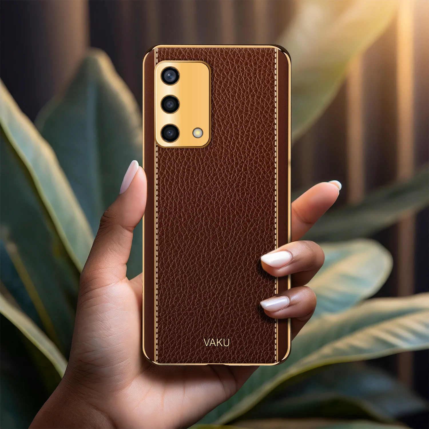 VakuĀ® Oppo F19s Luxemberg Series Leather Stitched Gold Electroplated Soft TPU Back Cover - Image 13