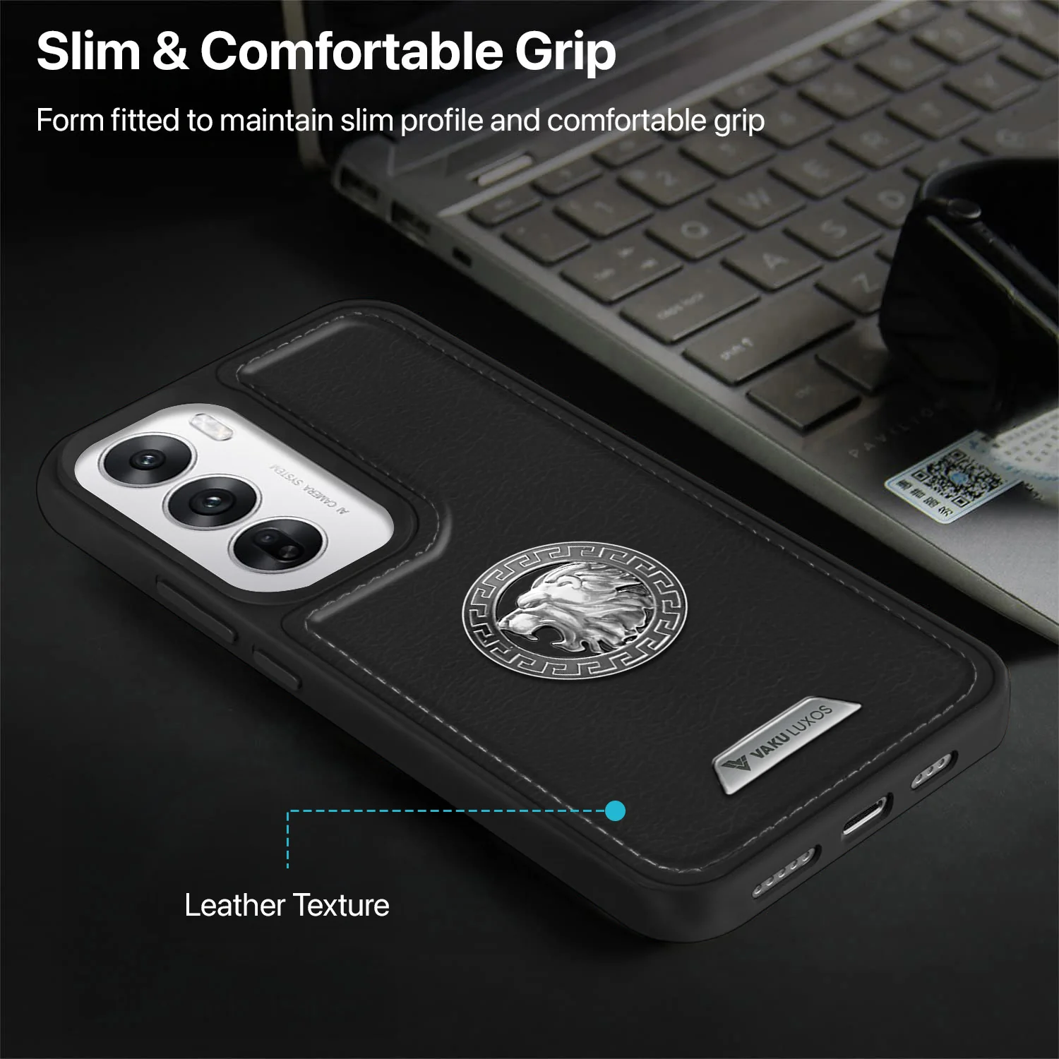 Vaku ® Oppo Reno12 5G Regal Shield Metal Lion Engraved Leather Back Cover - Image 15