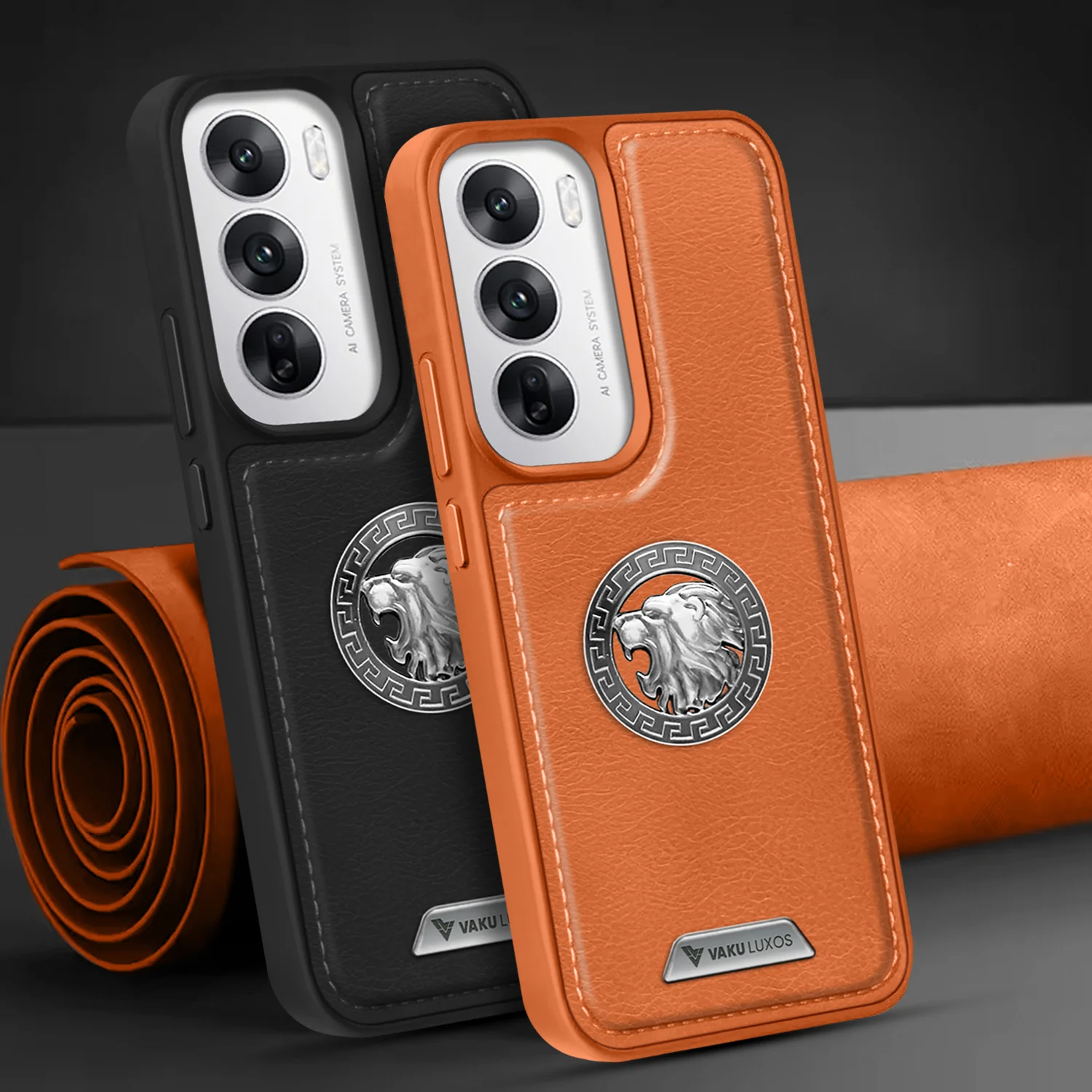 Vaku ® Oppo Reno12 Pro Regal Shield Metal Lion Engraved Leather Back Cover - Image 11