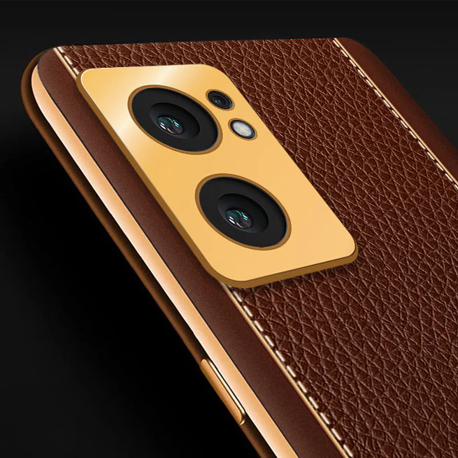 VakuĀ® Oppo Reno7 5G Luxemberg Series Leather Stitched Gold Electroplated Soft TPU Back Cover - Image 2