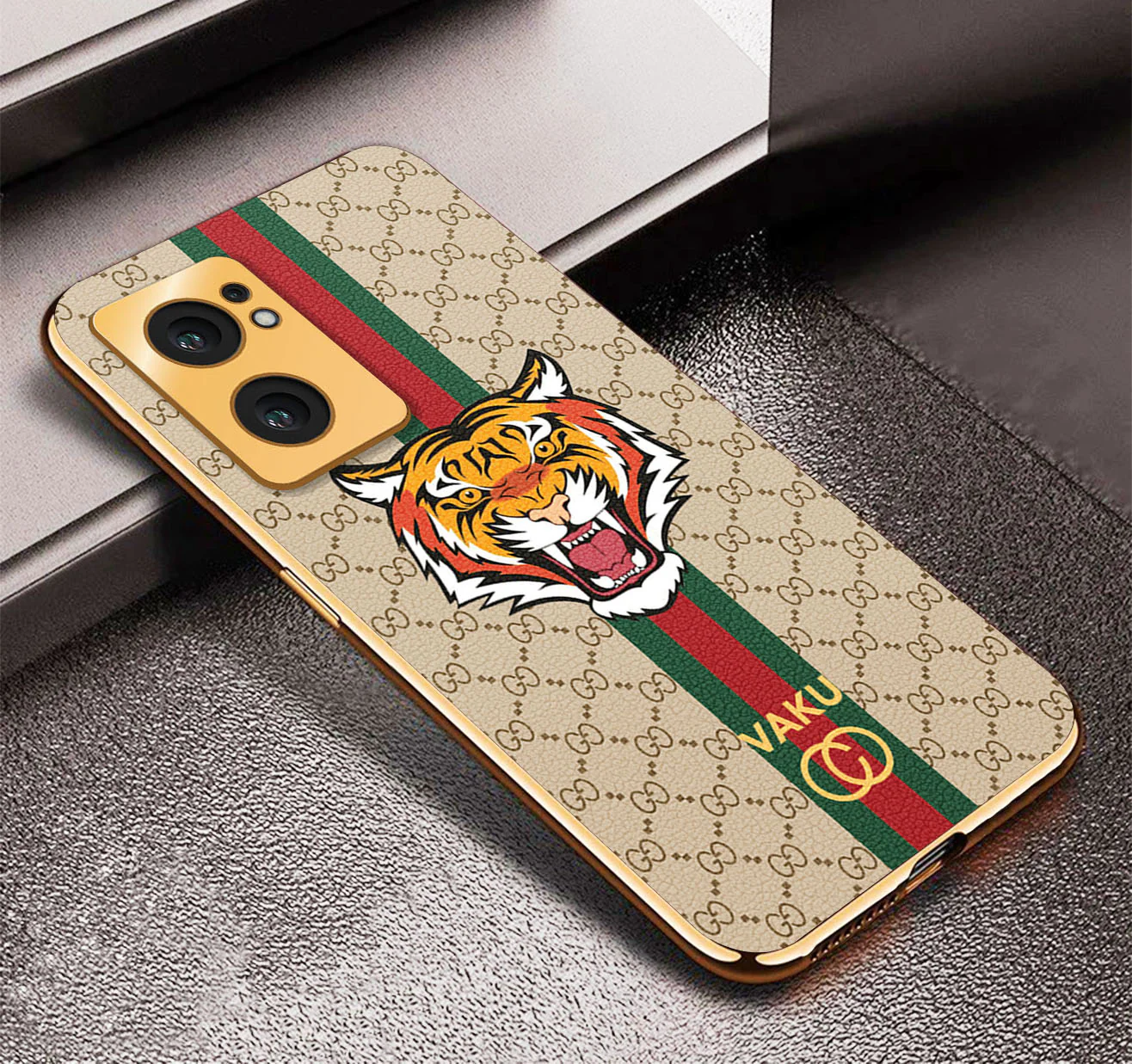 Vaku ® Oppo Reno7 5G Lynx Designer Leather Pattern Gold Electroplated Soft TPU Back Cover Case - Image 4