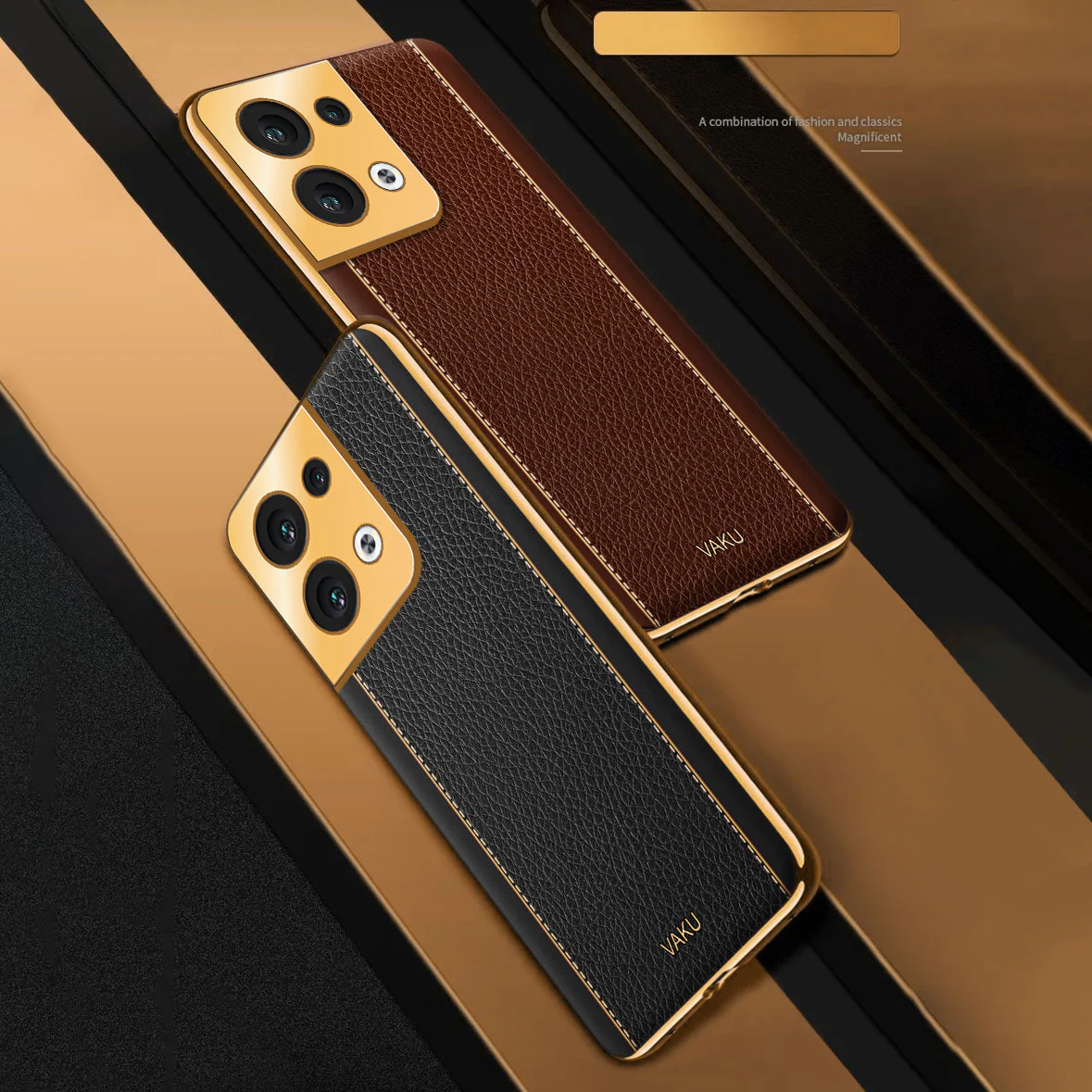 Vaku ® Oppo Reno8 5G Luxemberg Series Leather Stitched Gold Electroplated Soft TPU Back Cover - Image 4