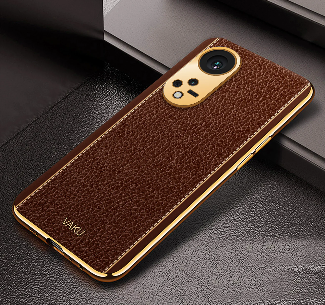 VakuĀ® Oppo Reno8T 5G Luxemberg Series Leather Stitched Gold Electroplated Soft TPU Back Cover