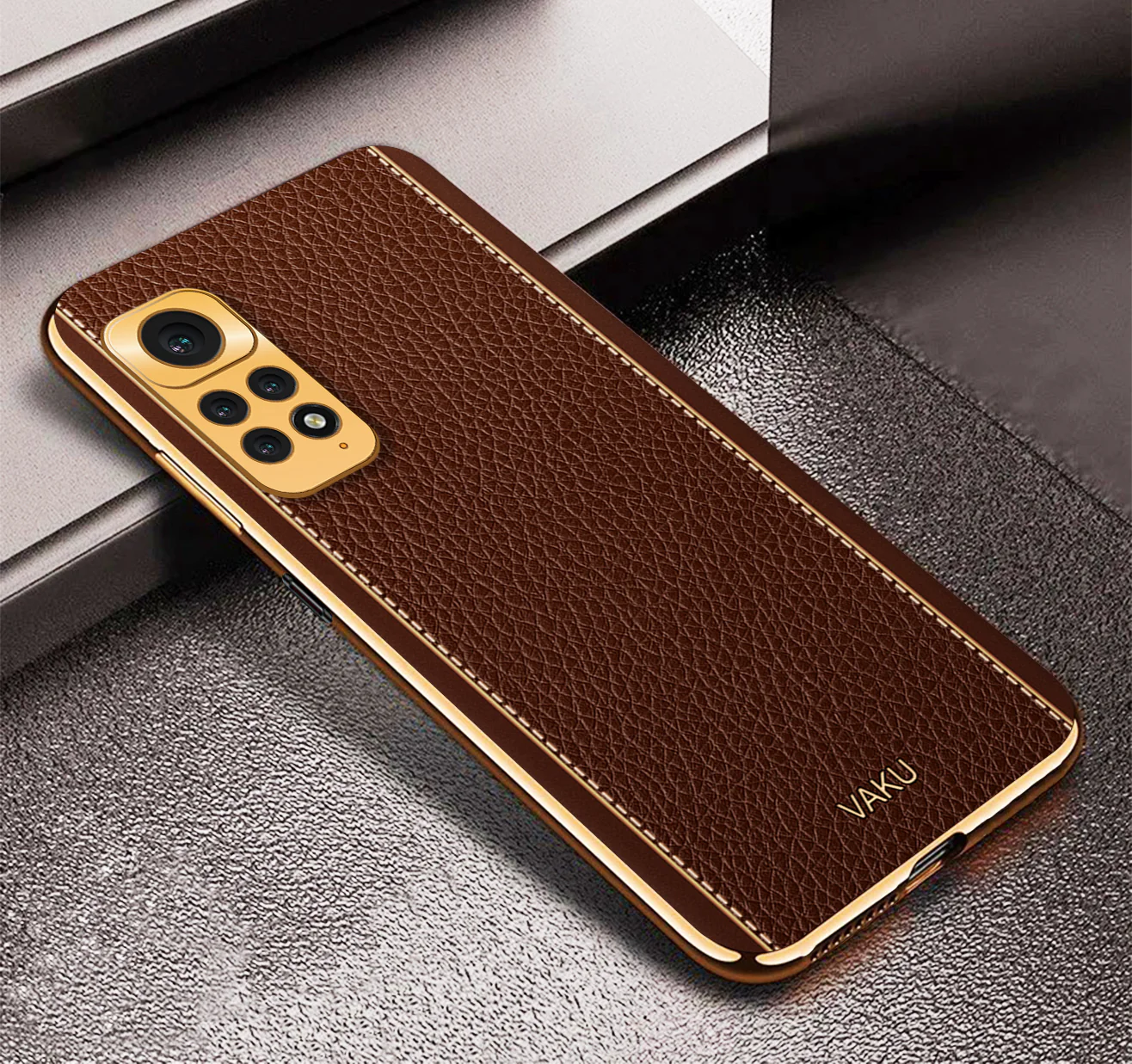 Vaku® Redmi Note 11 Luxemberg Series Leather Stitched Gold Electroplated Soft TPU Back Cover - Image 5