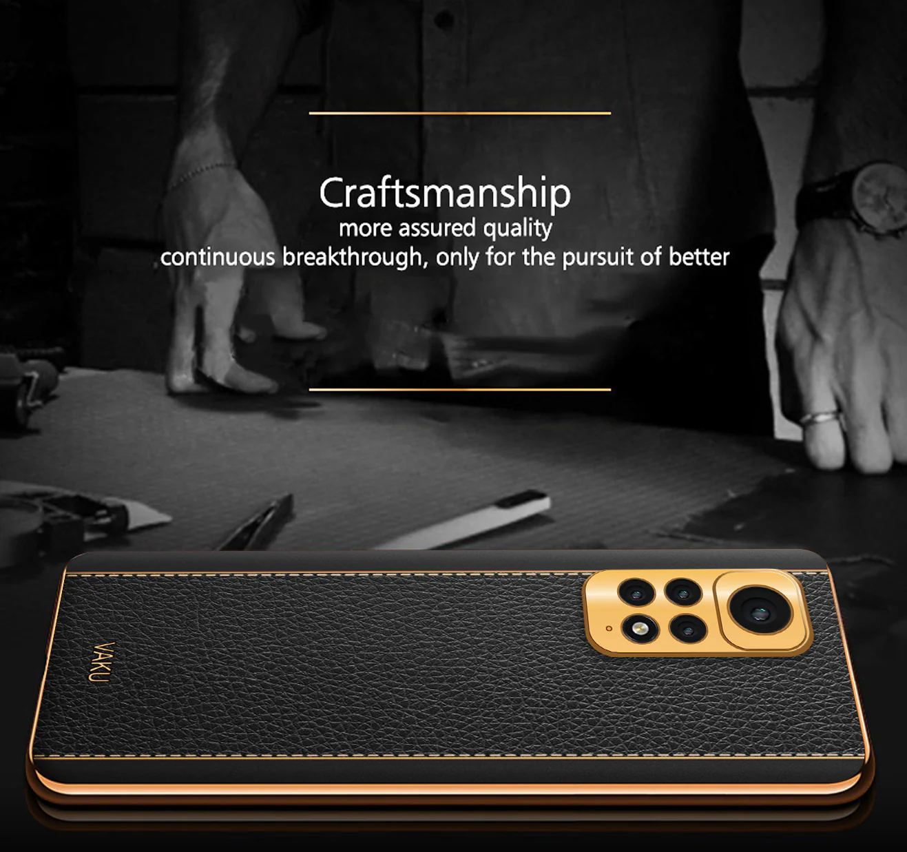 Vaku® Redmi Note 11S Luxemberg Series Leather Stitched Gold Electroplated Soft TPU Back Cover - Image 5
