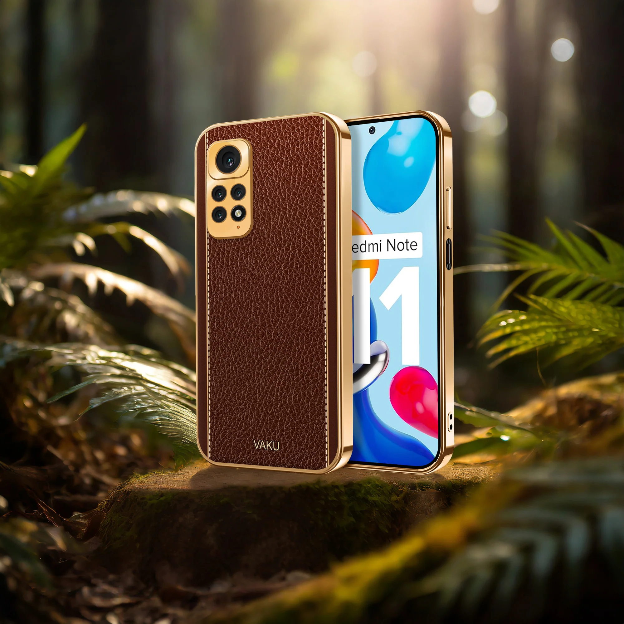 Vaku® Redmi Note 11S Luxemberg Series Leather Stitched Gold Electroplated Soft TPU Back Cover - Image 9