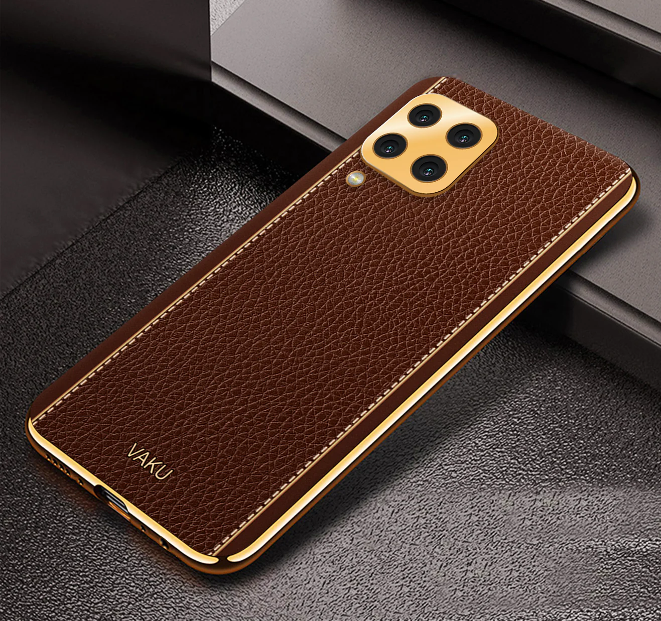 VakuĀ® Samsung Galaxy A22 4G Luxemberg Series Leather Stitched Gold Electroplated Soft TPU Back Cover