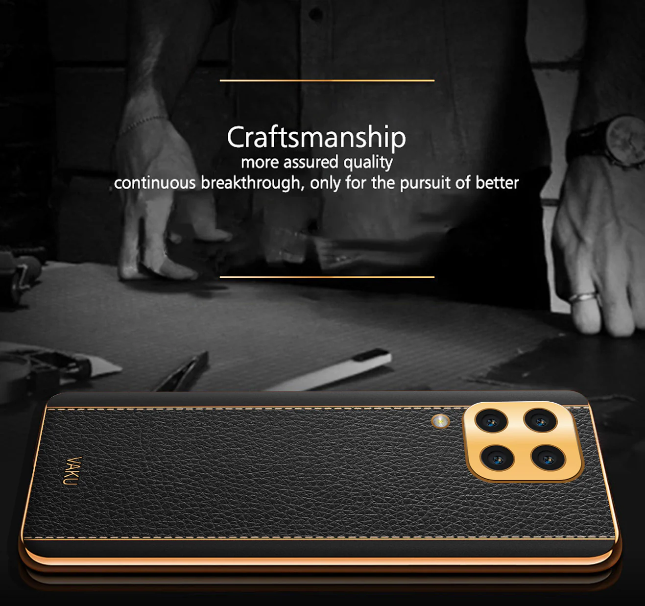 VakuĀ® Samsung Galaxy A22 4G Luxemberg Series Leather Stitched Gold Electroplated Soft TPU Back Cover - Image 3