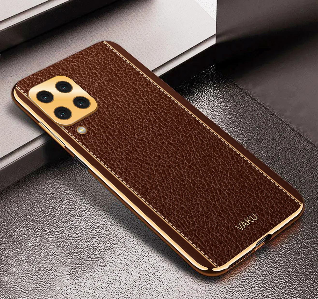 VakuĀ® Samsung Galaxy A22 4G Luxemberg Series Leather Stitched Gold Electroplated Soft TPU Back Cover - Image 8