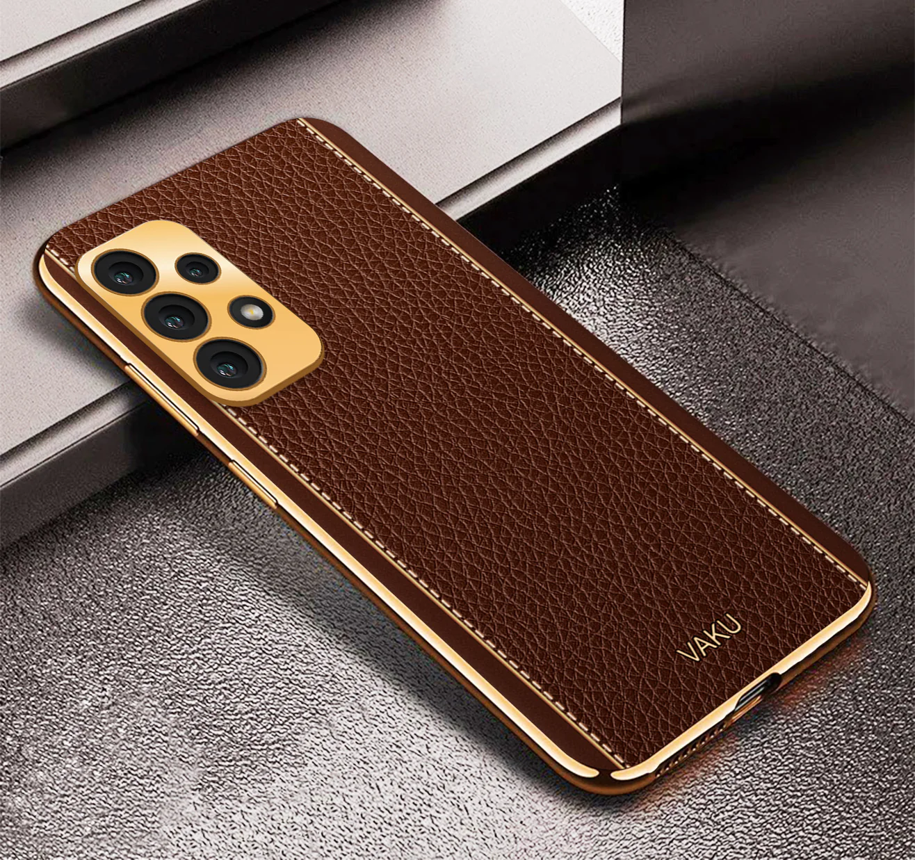 Vaku® Samsung Galaxy A32 4G Luxemberg Series Leather Stitched Gold Electroplated Soft TPU Back Cover - Image 15