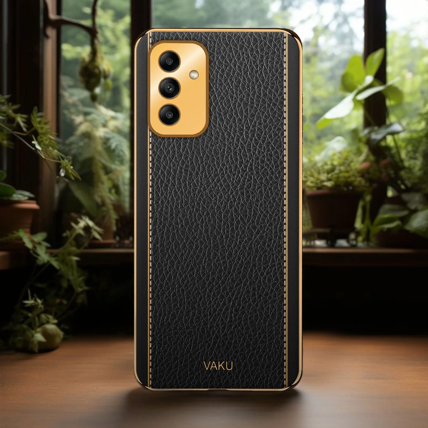 VakuĀ® Samsung Galaxy F13 Luxemberg Series Leather Stitched Gold Electroplated Soft TPU Back Cover - Image 10