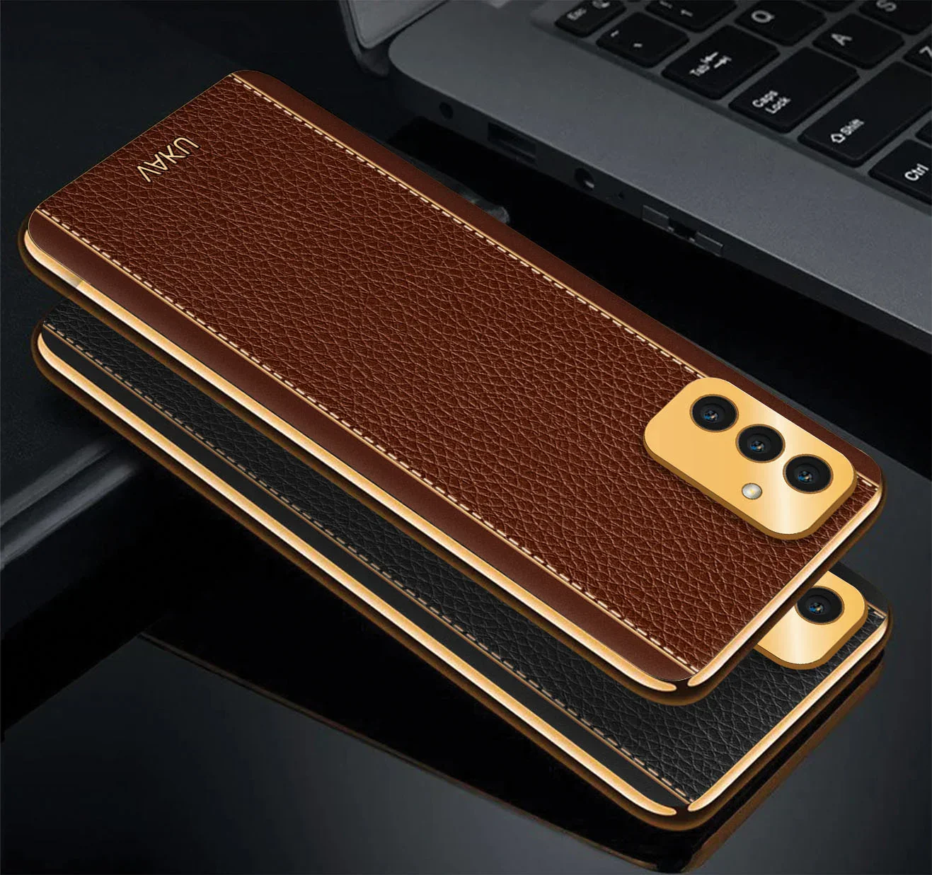 VakuĀ® Samsung Galaxy F13 Luxemberg Series Leather Stitched Gold Electroplated Soft TPU Back Cover - Image 4