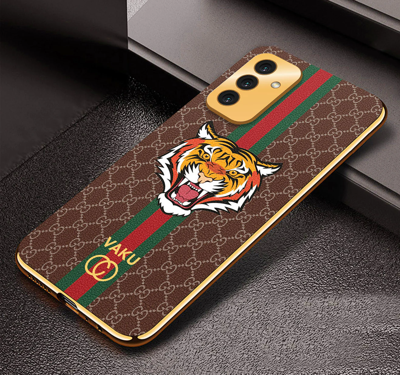 Vaku® Samsung Galaxy F23 Lynx Line Leather Stitched Gold Electroplated Soft TPU Back Cover Case - Image 5