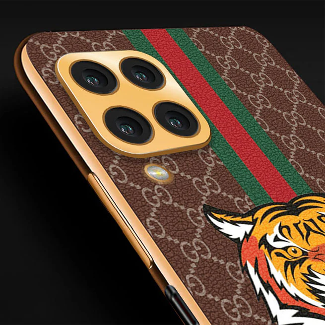 VakuĀ® Samsung Galaxy M33 5G Lynx Leather Stitched Gold Electroplated Soft TPU Back Cover Case - Image 3