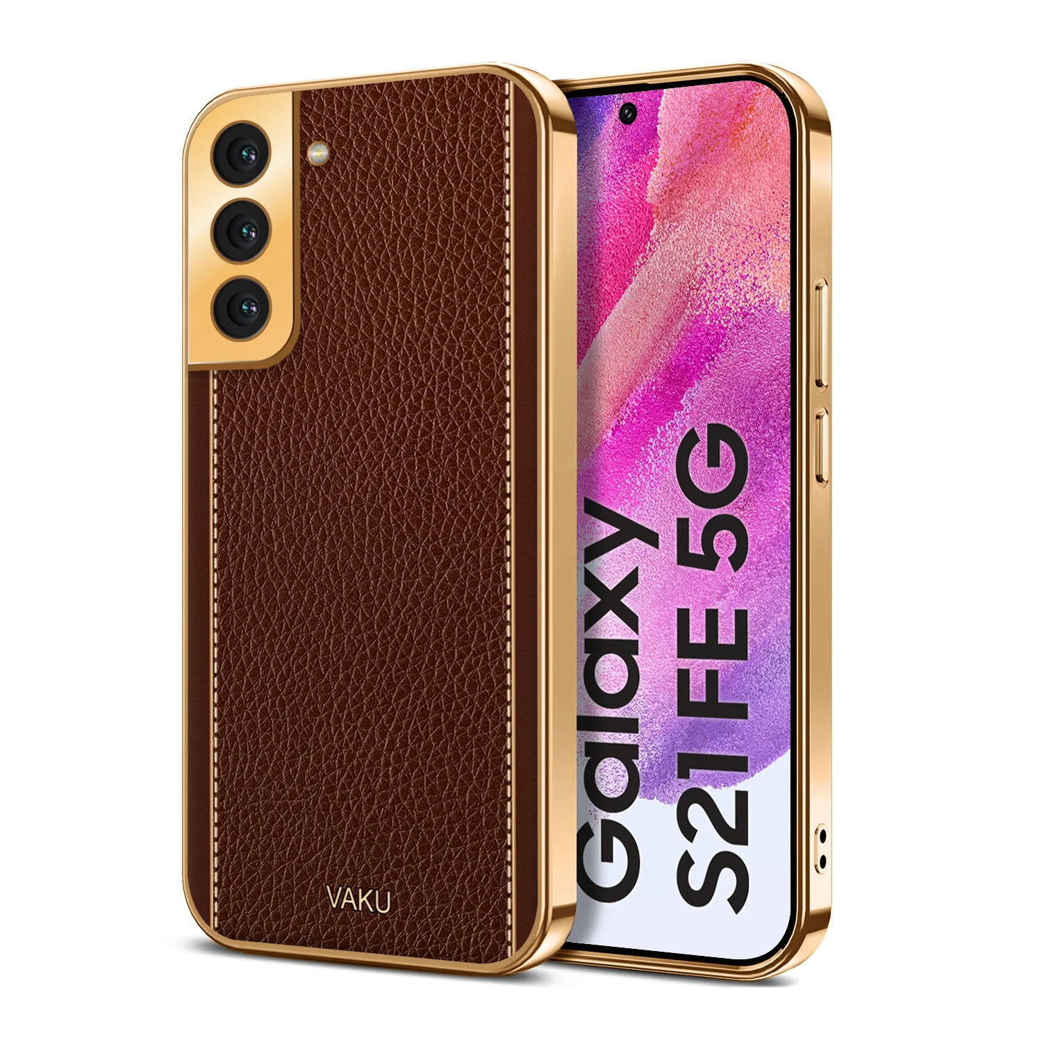 VakuĀ® Samsung Galaxy S21 FE 5G Luxemberg Series Leather Stitched Gold Electroplated Soft TPU Back Cover - Image 9