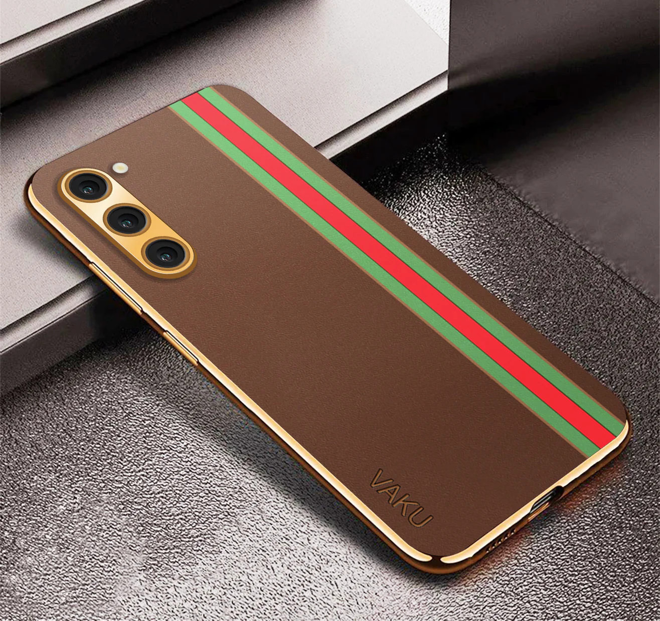 Vaku® Samsung Galaxy S21 FE Felix Line Leather Stitched Gold Electroplated Soft TPU Back Cover - Image 5