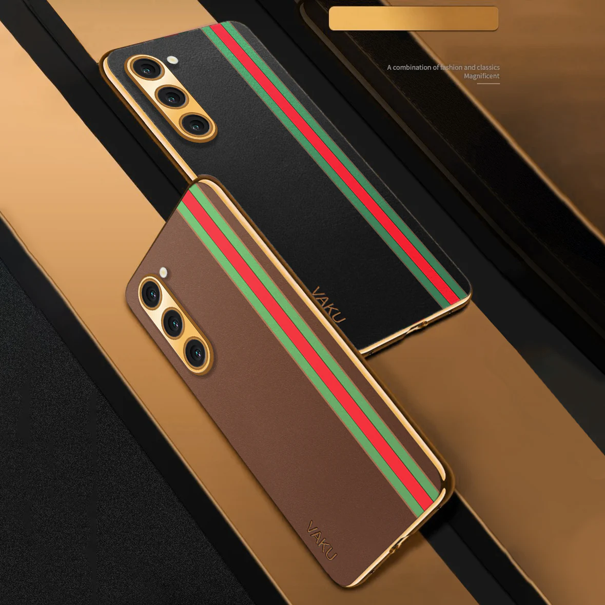 Vaku® Samsung Galaxy S22 Felix Line Leather Stitched Gold Electroplated Soft TPU Back Cover Case - Image 9