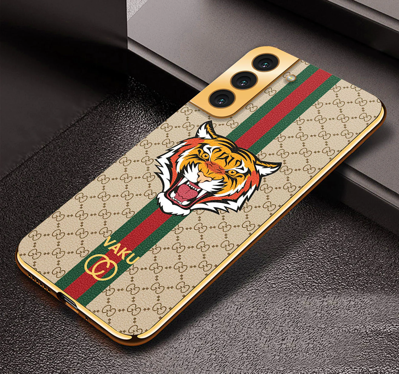 Vaku® Samsung Galaxy S22 Lynx Leather Stitched Gold Electroplated Soft TPU Back Cover Case