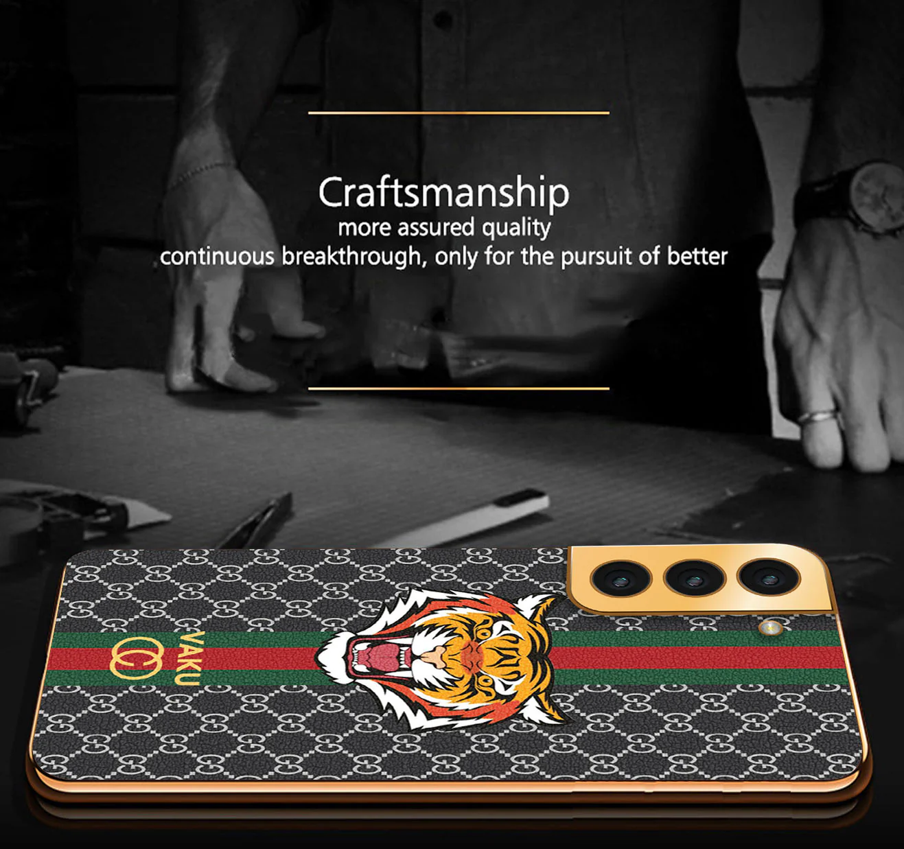Vaku® Samsung Galaxy S22 Lynx Leather Stitched Gold Electroplated Soft TPU Back Cover Case - Image 8
