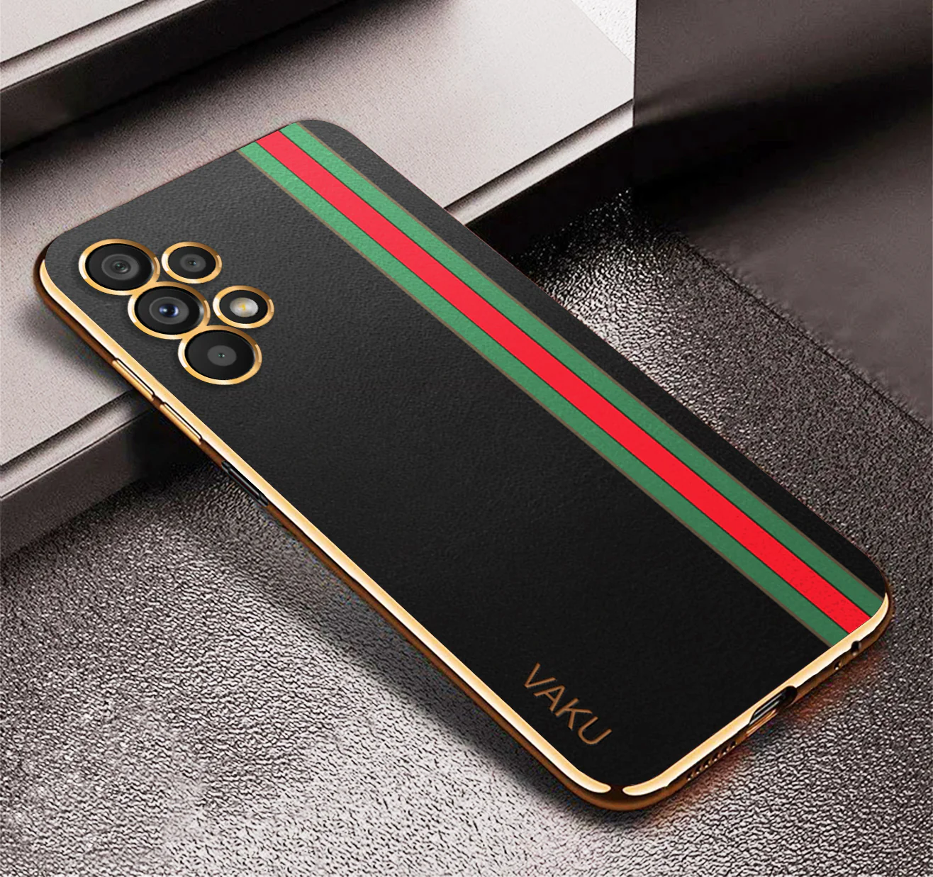 Vaku ® Samsung Galaxy S22 Ultra Felix Line Leather Stitched Gold Electroplated Soft TPU Back Cover - Image 5