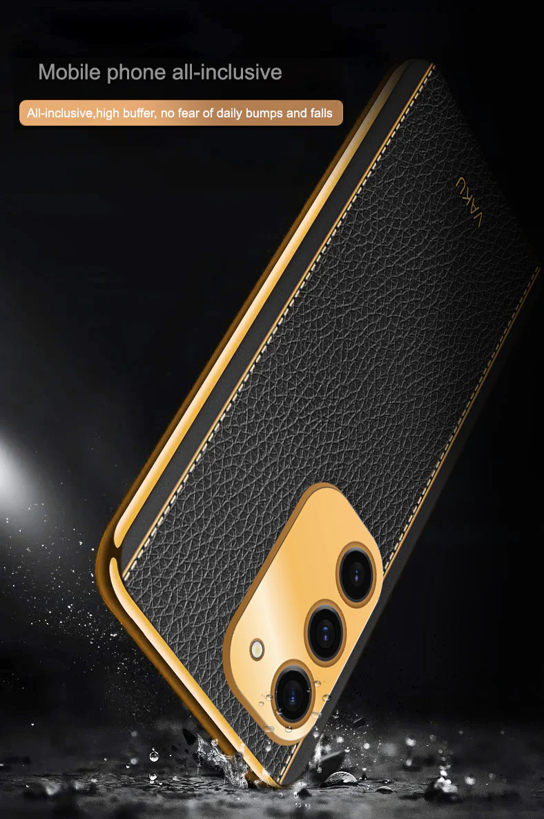 Vaku® Samsung Galaxy S23 Plus Luxemberg Series Leather Stitched Gold Electroplated Soft TPU Back Cover - Image 10